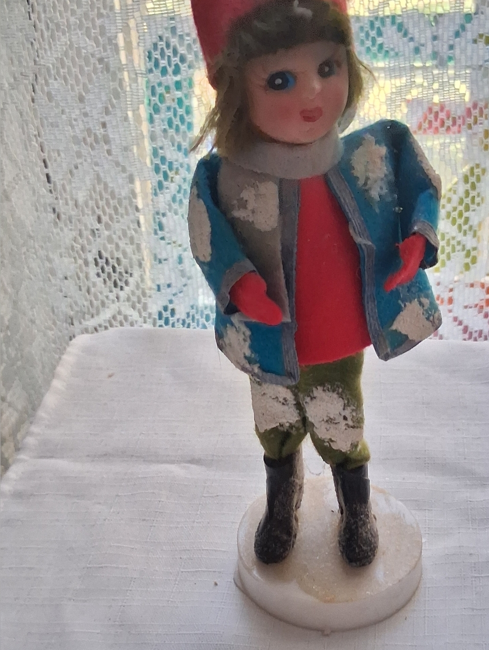 Vintage Snow Girl Doll On Stand With Blue And Red Outfit Adorable 1960s - 1970s